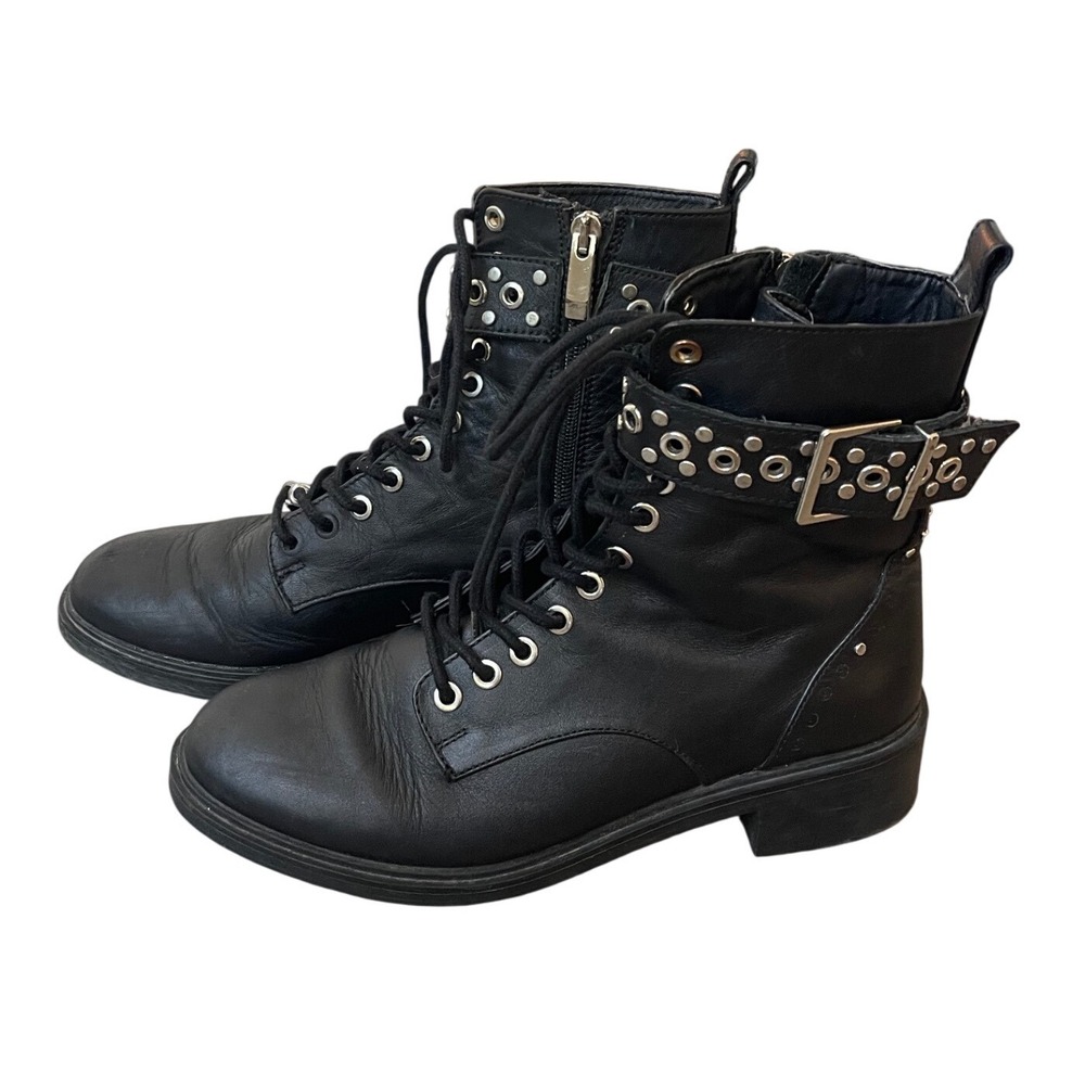 Zara Black Studded Lace Up Combat Boots Size 6.5 Biker Goth Grunge Emo Military - Picture 1 of 12